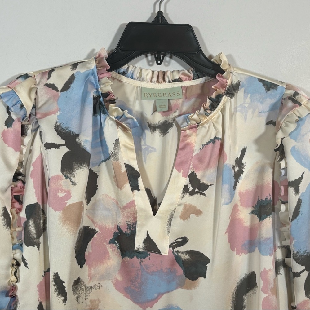 Ryegrass Watercolor Floral Ruffle Long Sleeve Blouse Size L - Picture 2 of 9